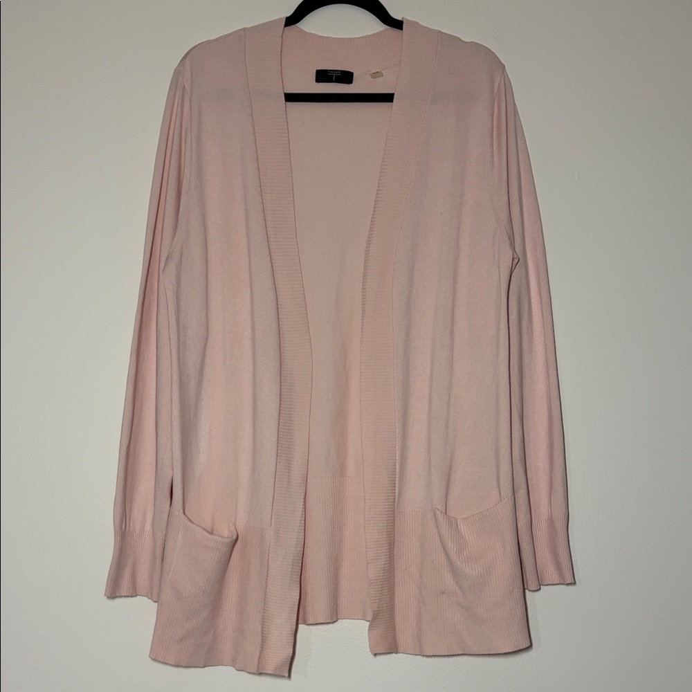 Tahari Open Front Long Cardigan Sweater Pink Pockets